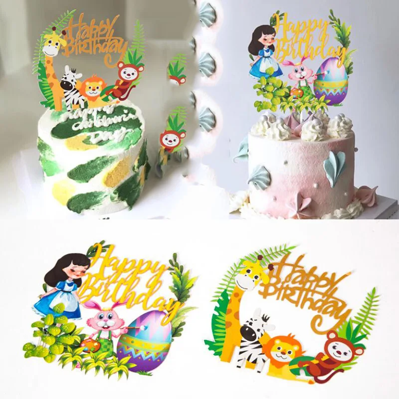 

Woodland Amimals Happy Birthday Cake Toppers Jungle Safari Cake Decor Forest Lion Giraffe Monkey Happy Birthday Party Decor Kids