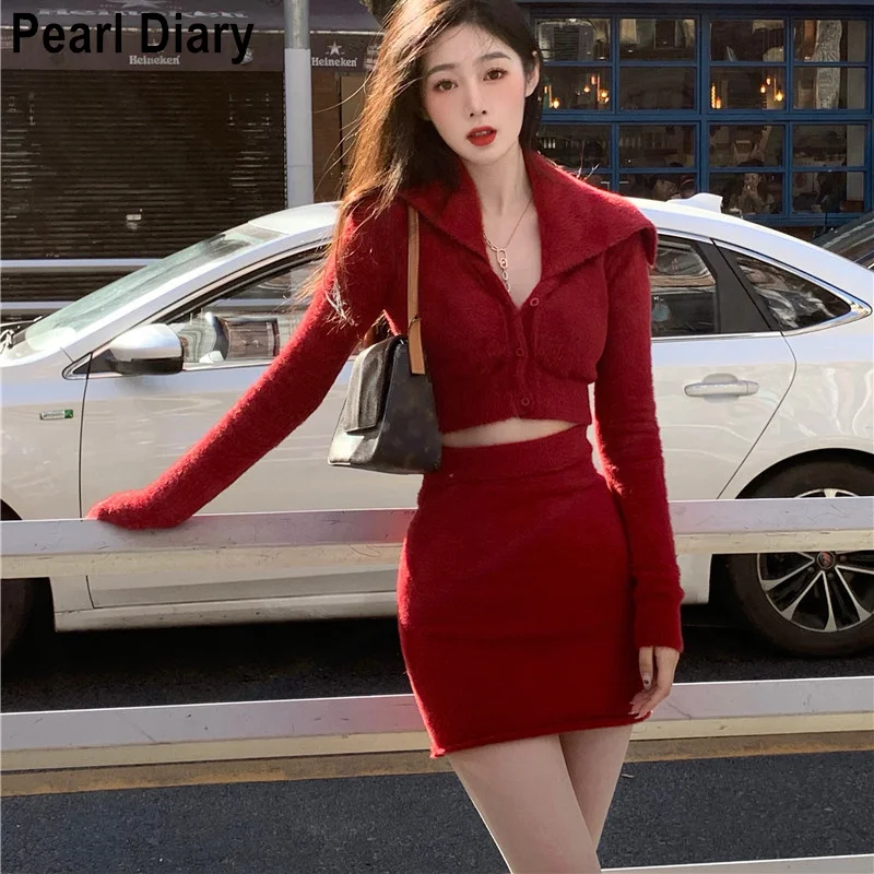 Korean Fashion Sexy Two Piece Set Women Long Sleeve Crop Top and High Waist Mini Skirt Suits Casual Red Furry 2 Pieces Outfits 
Korean Fashion Sexy Two Piece Set Women Long Sleeve Crop Top and High Waist Mini Skirt Suits Casual Red Furry 2 Pieces Outfits