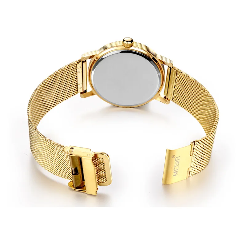 Часы MEGIR Мужские кварцевые модные тонкие золотистые с браслетом из нержавеющей