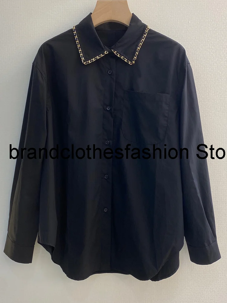 Fashion Black Solid Color Cotton Loose Blouse Women High Quality Chain Neckline Pocket Long Sleeve Shirt Lady 2021 New Autumn
Fashion Black Solid Color Cotton Loose Blouse Women High Quality Chain Neckline Pocket Long Sleeve Shirt Lady 2021 New Autumn