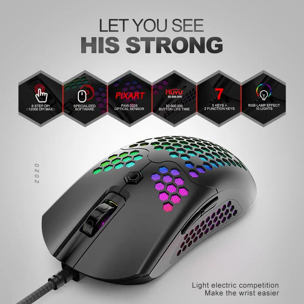 M5 Hollow-out Honeycomb Shell Gaming Mouse Colorful RGB Backlit Light Wired Mice with 7 Buttons for Gaming Mouse PC
M5 Hollow-out Honeycomb Shell Gaming Mouse Colorful RGB Backlit Light Wired Mice with 7 Buttons for Gaming Mouse PC