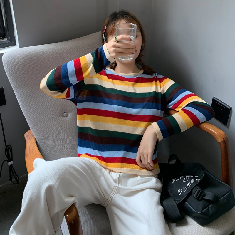 Spring Autumn Women's Tops Korean Rainbow Stripes Short Long Sleeve Shirts New Round Neck Wild Casual Sweater Top GX732
Spring Autumn Women's Tops Korean Rainbow Stripes Short Long Sleeve Shirts New Round Neck Wild Casual Sweater Top GX732