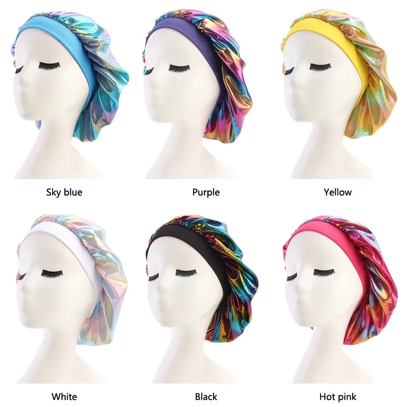 

10pcs/lot Hair Satin Bonnet Women Holigraphic Silky Bonnets Turban Head Cover Wide Band Makeup cap Nightcap TB-75E