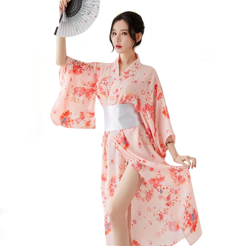 

Sexi Women Pajama Set Lingerie Sexy Dress Erotic Japanese Ladies Sakura Printed Fabric Kimono Nightgown Kawaii Cosplay Costume