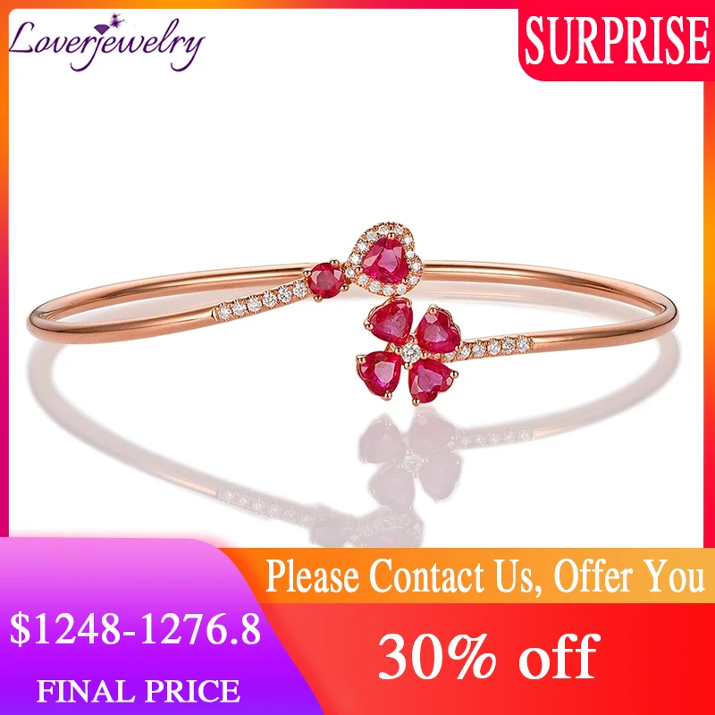 

LOVERJEWELRY Ruby Bangle Lady Pure 18KT Rose Gold SI Diamonds Natural Ruby Bracelet Anniversary For Women Birthstone Jewellery