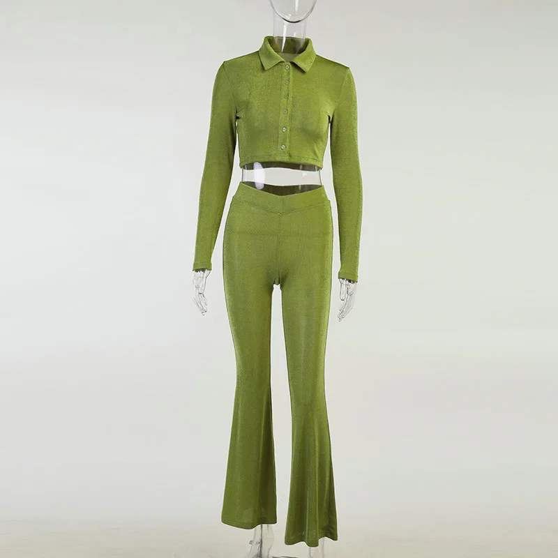 Elegant Long Sleeve Two Piece Sets High Waist Pants Women's Green Polo Top Shirt Blouse and Flared Trousers Suit Autumn Clothes
Elegant Long Sleeve Two Piece Sets High Waist Pants Women's Green Polo Top Shirt Blouse and Flared Trousers Suit Autumn Clothes
