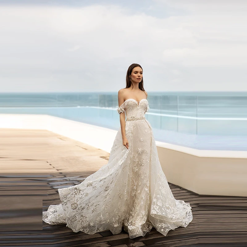 Delicate Slim Mermaid Lace Sweetheart Bride Wedding Dresses Off Shoulder Sleeves Bridal Gowns Back Out with Detachable Train 
Delicate Slim Mermaid Lace Sweetheart Bride Wedding Dresses Off Shoulder Sleeves Bridal Gowns Back Out with Detachable Train