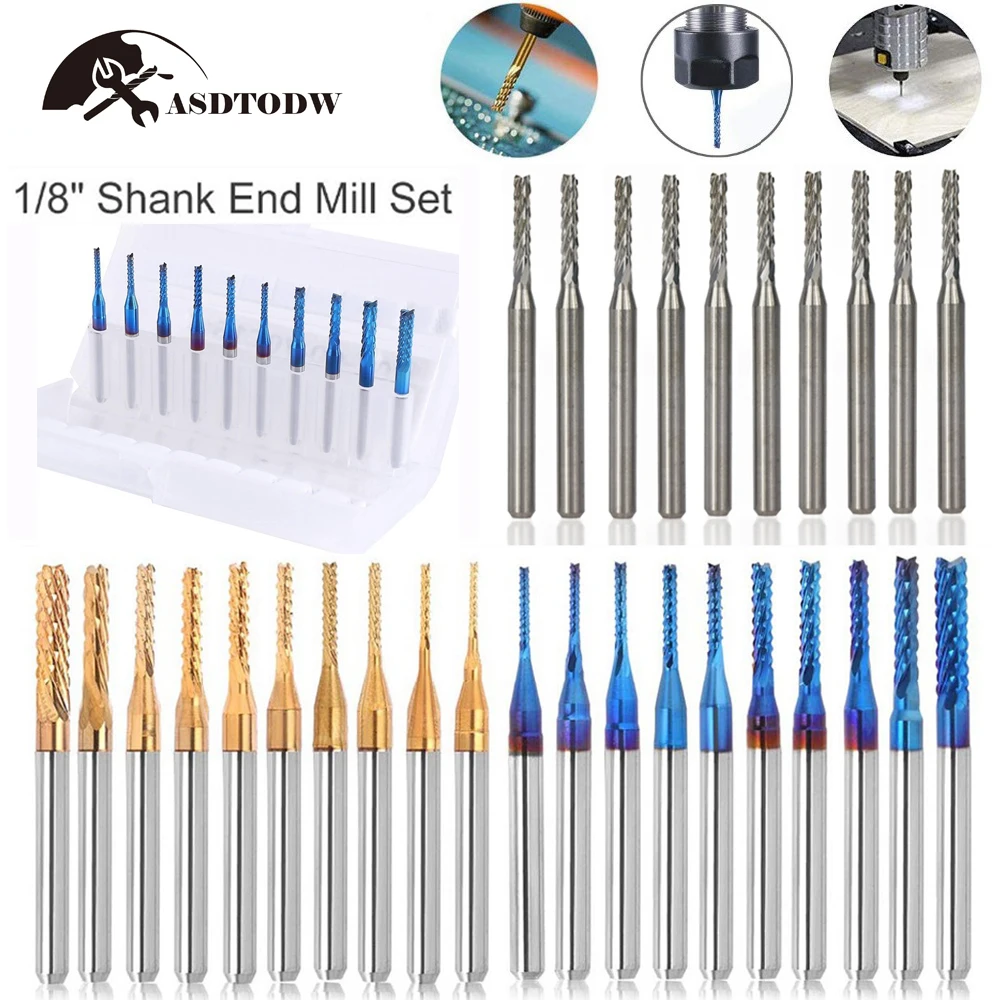 10Pcs End Mill Bits Set 1/8" Shank CNC Router Bits Cutting Milling Tool Engraving Cutter /Titanium Coat CNC Router Bits 
10Pcs End Mill Bits Set 1/8" Shank CNC Router Bits Cutting Milling Tool Engraving Cutter /Titanium Coat CNC Router Bits