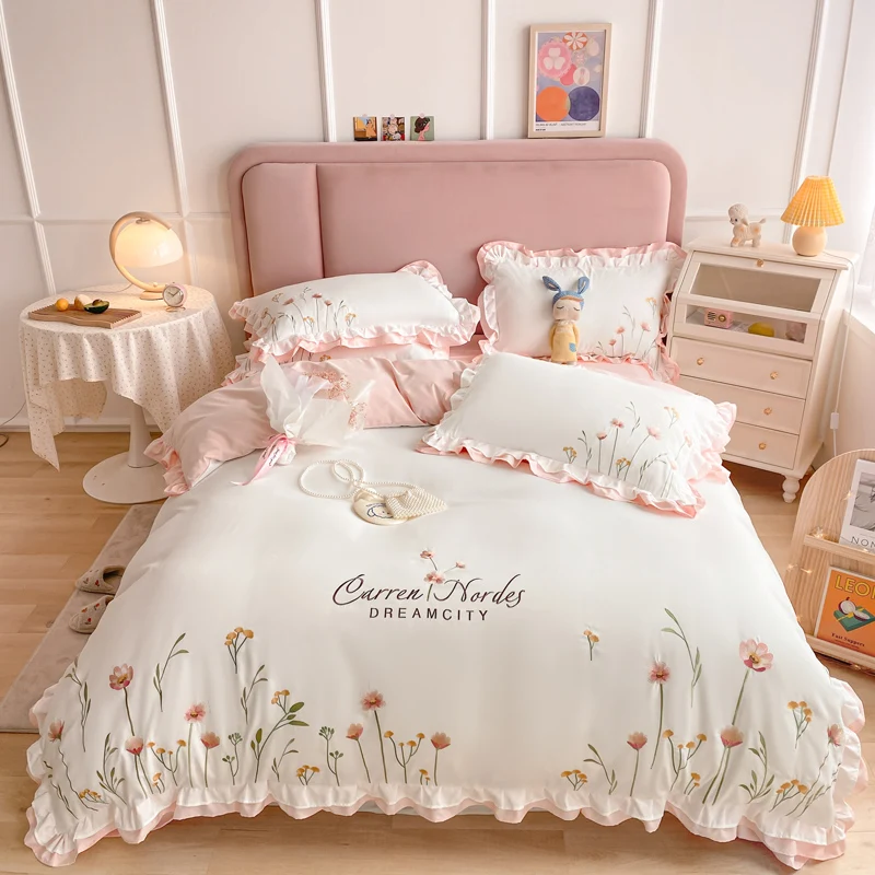 Luxury Korean Princess Bedding Set Flowers Embroidery Ruffles Duvet Cover Quilt Cover Set Fitted Sheet Pillowcases Home Textiles
Luxury Korean Princess Bedding Set Flowers Embroidery Ruffles Duvet Cover Quilt Cover Set Fitted Sheet Pillowcases Home Textiles