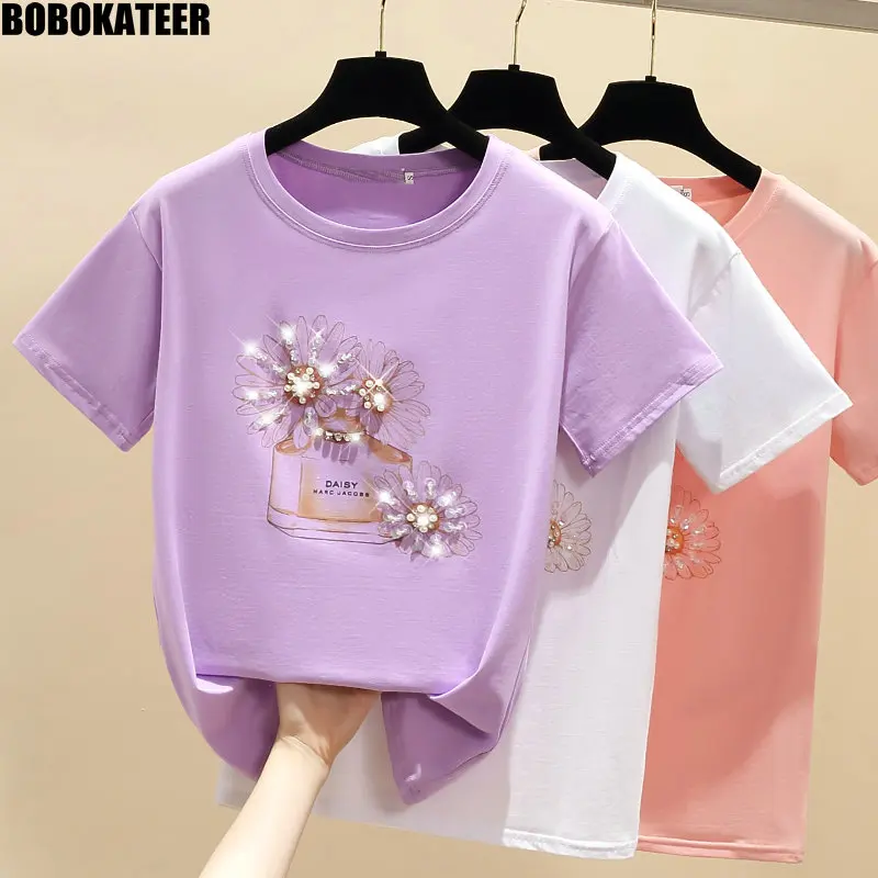 Summer Tshirt Women Clothes Korean White Vintage Tops Women T shirt Printed Pink Beading Tee Shirt Short Sleeve Fashion 2021
Summer Tshirt Women Clothes Korean White Vintage Tops Women T shirt Printed Pink Beading Tee Shirt Short Sleeve Fashion 2021