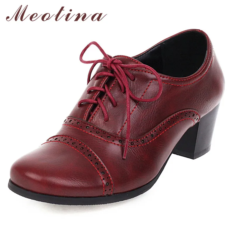 

Meotina High Heels Women Pumps Fashion Chunky High Heels Brogue Shoes Lace Up Round Toe Derby Shoes Ladies Spring Big Size 34-43