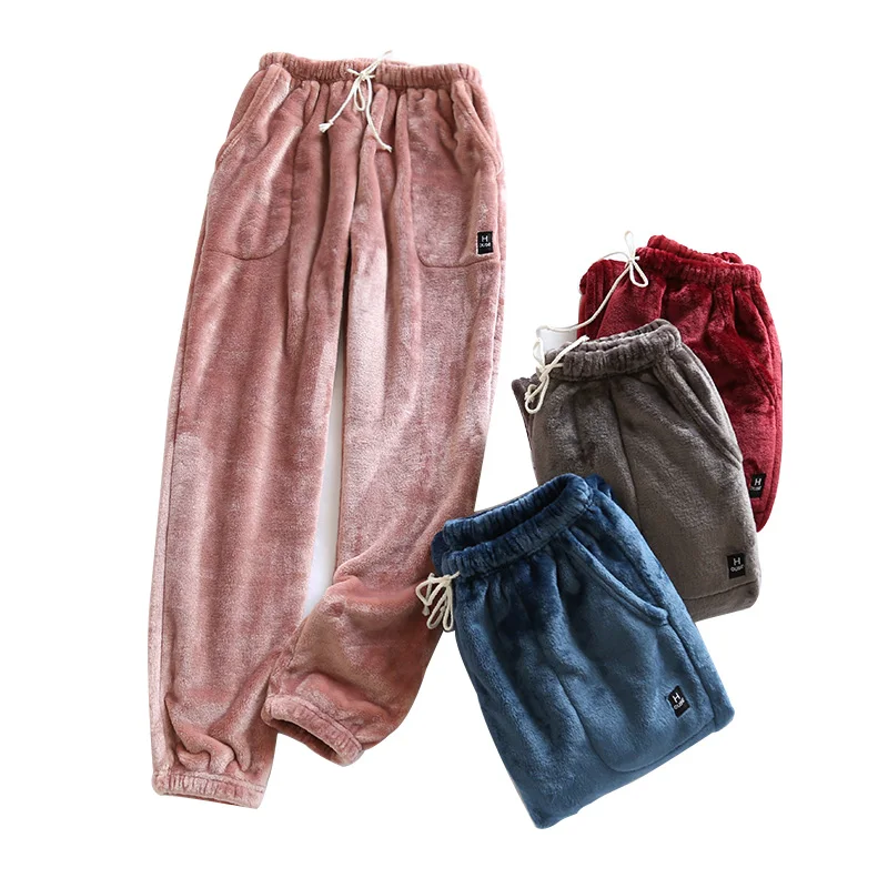 2022 Fall Winter Pants Bottoms For Couples Warm Thick Coral Fleece Sleep Soft Pajamas Men Women Plus Velvet Trousers | Мужская одежда