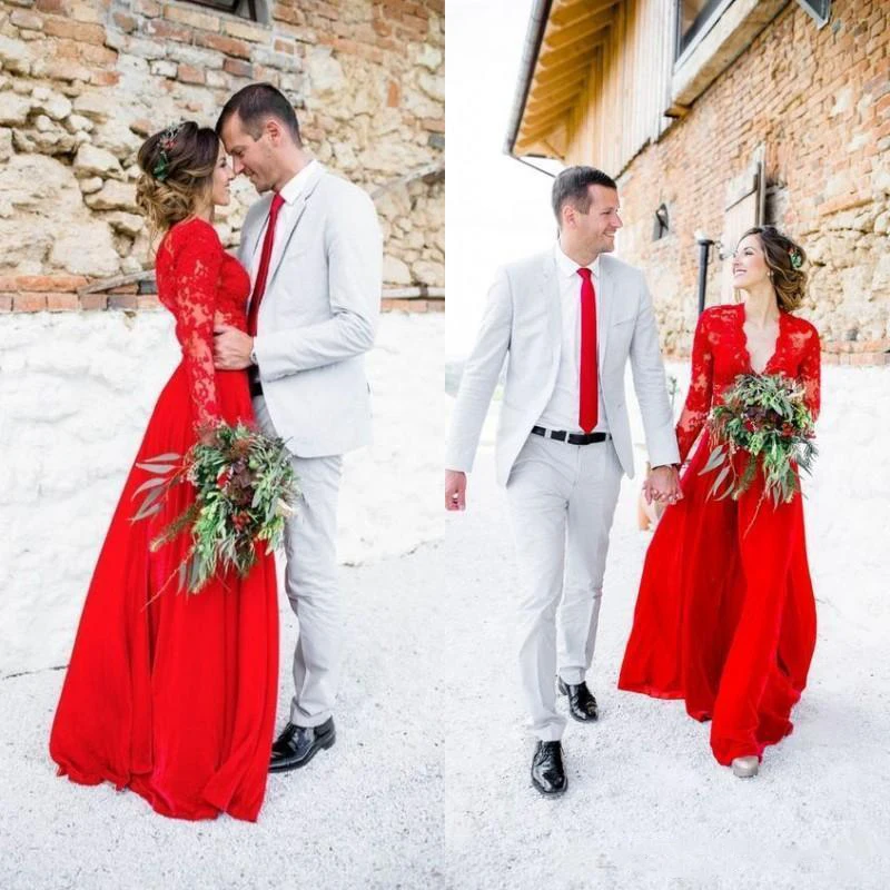 2020 New Design Red Wedding Dresses Custom Made V Neck Illusion Appliqued Long Sleeve Boho Floor Length A Line Lace Bridal Gowns
2020 New Design Red Wedding Dresses Custom Made V Neck Illusion Appliqued Long Sleeve Boho Floor Length A Line Lace Bridal Gowns