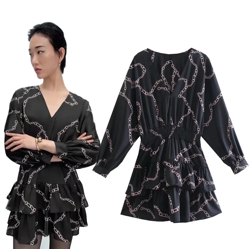 2022 Black Chain Print Mini Dress for Women Elegant Long Sleeve Smocked Elastic Waist Dress Woman Ruffled Hem Casual Dresses
2022 Black Chain Print Mini Dress for Women Elegant Long Sleeve Smocked Elastic Waist Dress Woman Ruffled Hem Casual Dresses