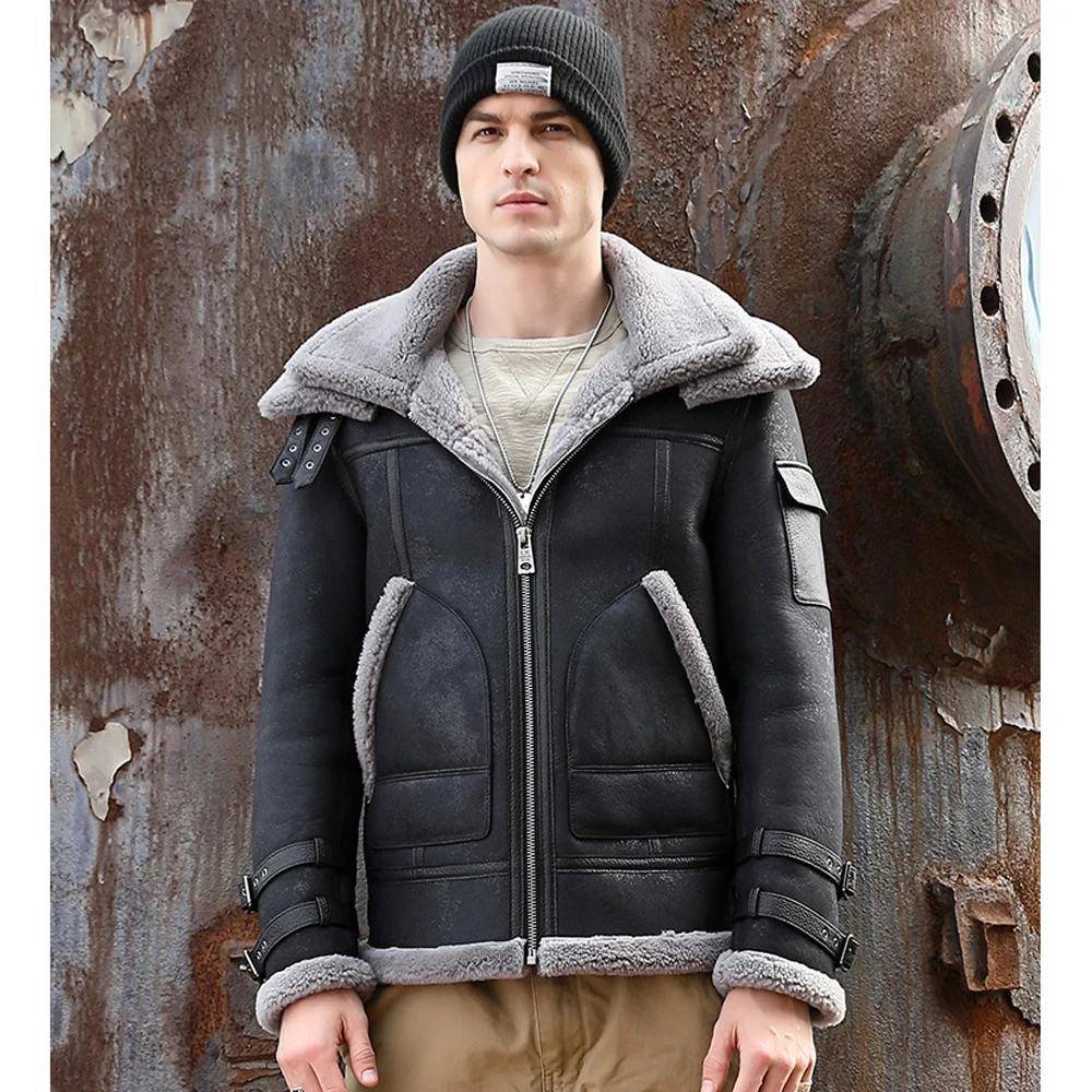 

LUHAYESA Gray Black Shearling Jacket Men Winter Thicken Warm Natural Sheepskin Leather Clothing Male Formal Causal Real Fur