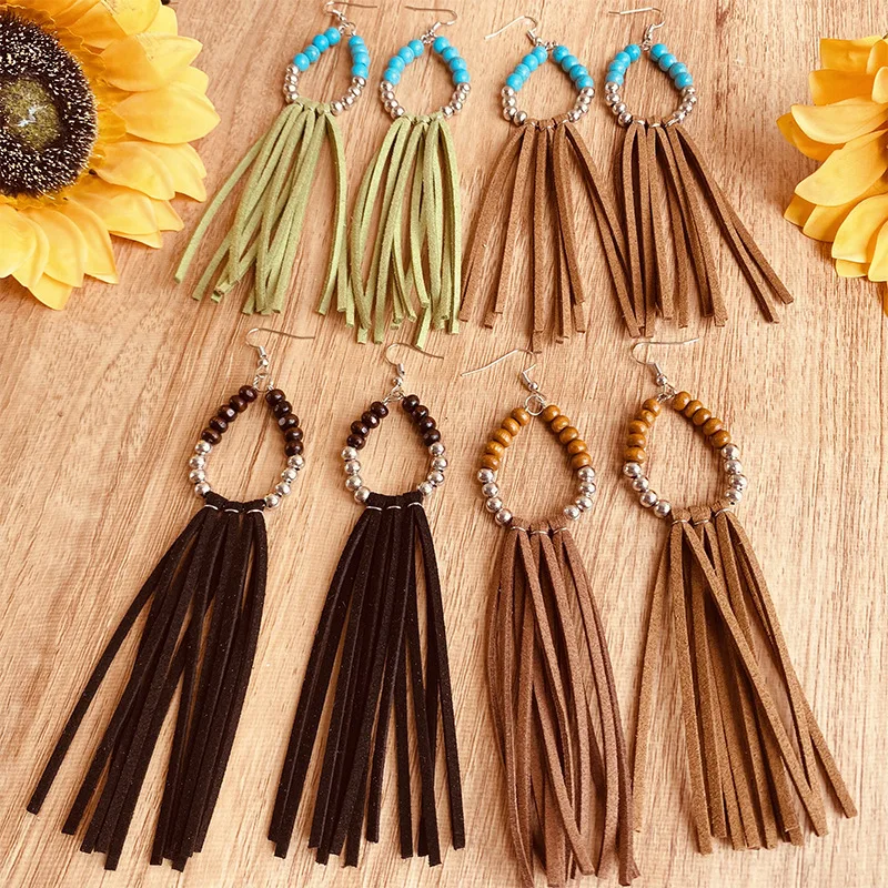 

Western Jewelry Turquoise Beaded Teardrop Hoop Loop Suede Fringe Tassel Dangle Drop Earrings for Women