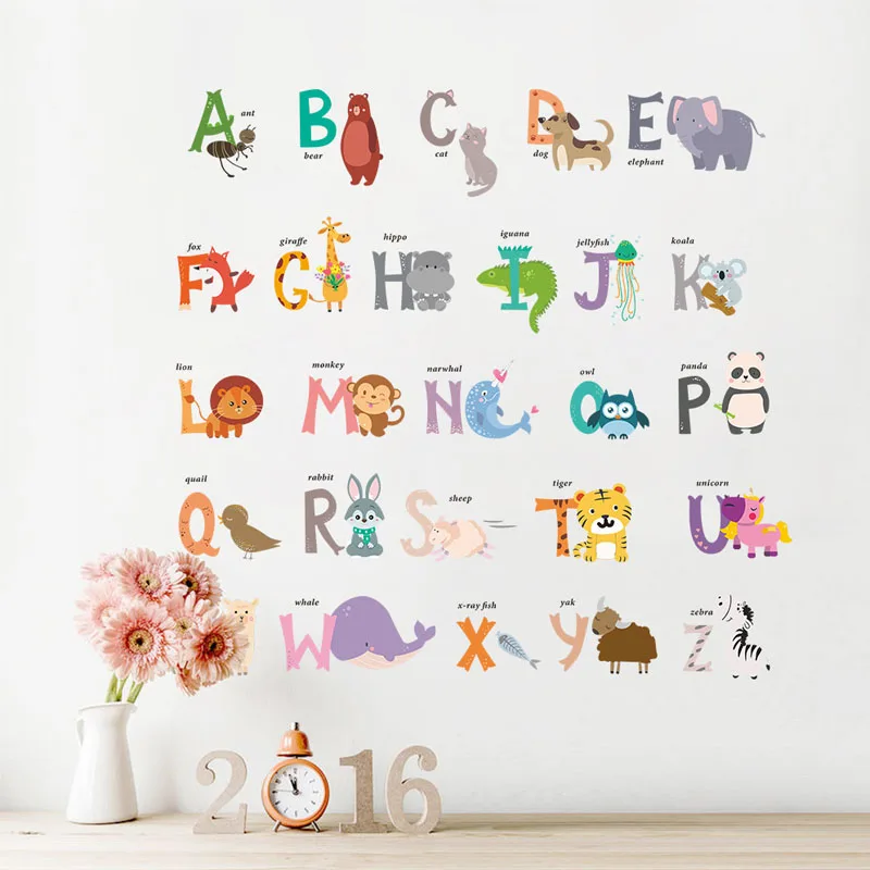 

Cartoon Jungle Wild 26 Letters Alphabet Animals Wall Stickers For Kids Rooms Home Decor Children Wall Decal Poster Mural