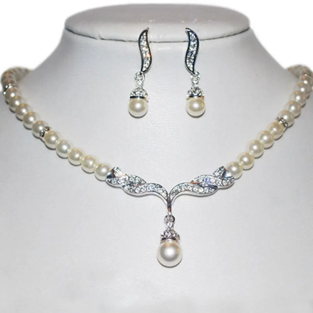 80% Hot Sale Bridal Wedding Jewelry Sets Angel Faux Pearls Necklace Studs Earrings Jewelry Set