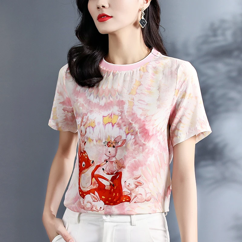 2021 Summer 100% Natural Silk Women's T-shirt Elegant O-neck Short Sleeve Pink Printed Office Lady Pure Real Silk Tee Shirt Tops
2021 Summer 100% Natural Silk Women's T-shirt Elegant O-neck Short Sleeve Pink Printed Office Lady Pure Real Silk Tee Shirt Tops