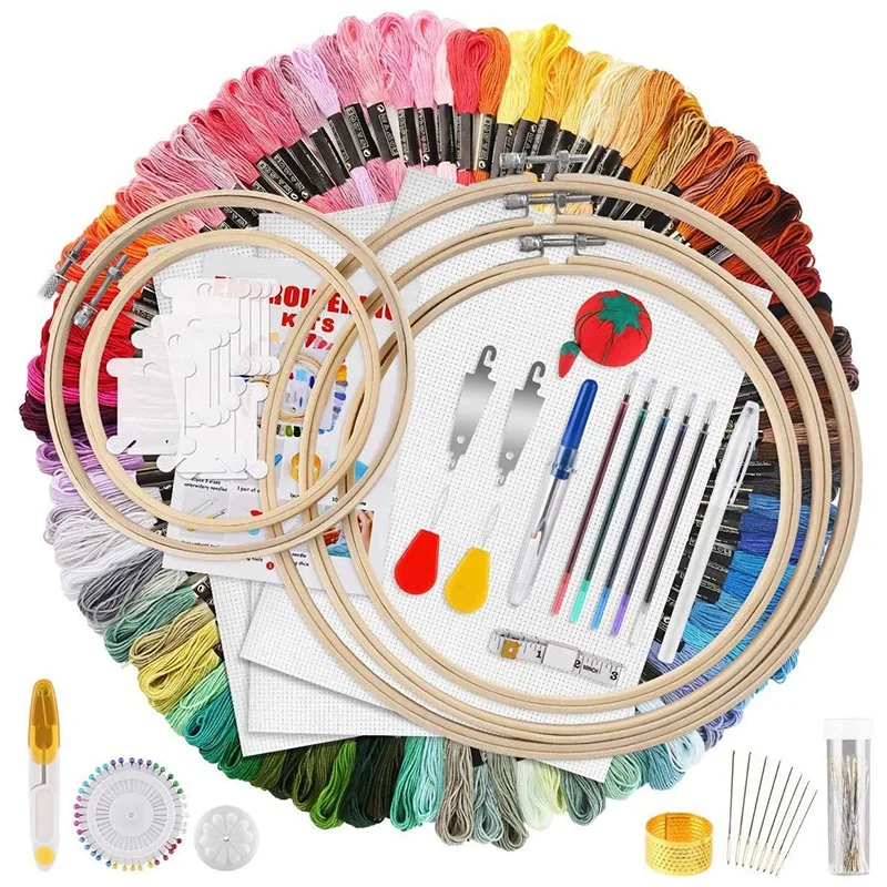 205Pcs Embroidery Starter Kit, 100 Colors of Thread, 40 Sewing Needles for Beginners Cross Stitch Tools with Instruction
205Pcs Embroidery Starter Kit, 100 Colors of Thread, 40 Sewing Needles for Beginners Cross Stitch Tools with Instruction