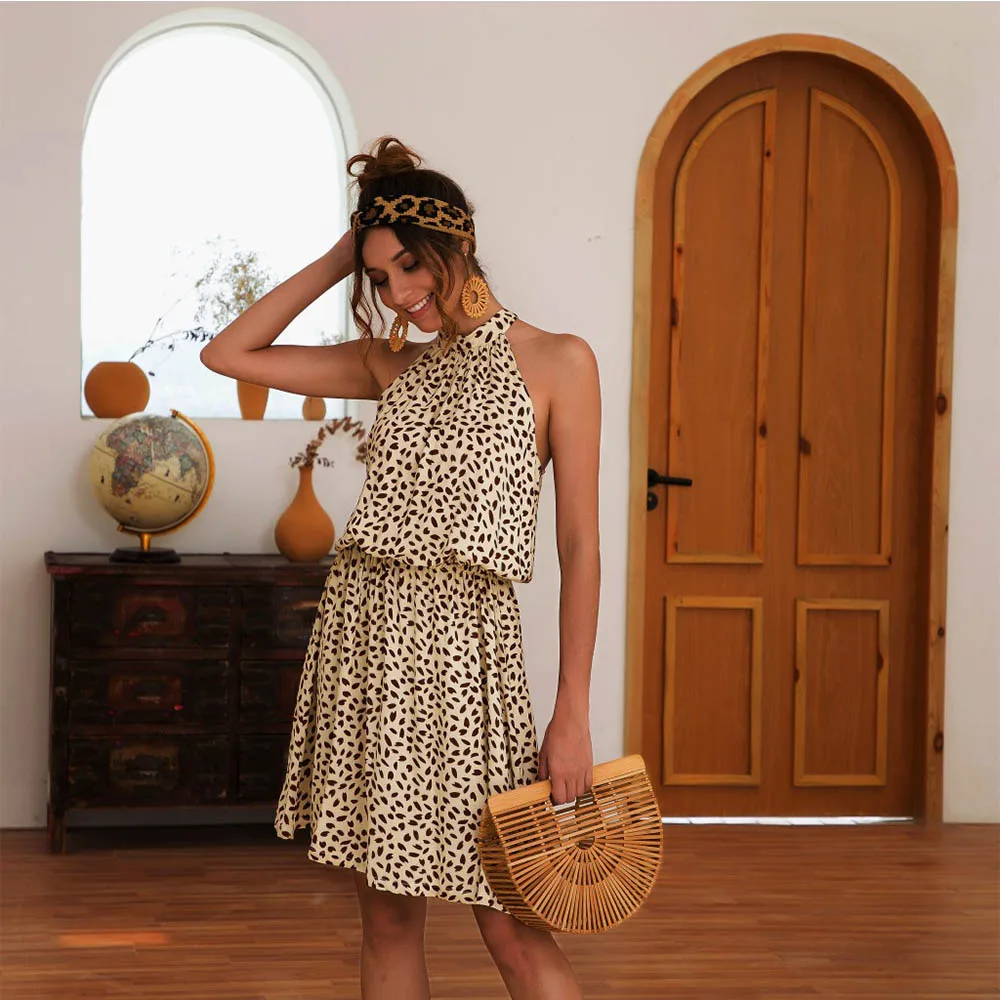 Summer Women Dress Off Shoulder Hanging Neck Sleeveless Elastic Waist Elegant Halter Print Sexy Mini Dress Vestidos 
Summer Women Dress Off Shoulder Hanging Neck Sleeveless Elastic Waist Elegant Halter Print Sexy Mini Dress Vestidos