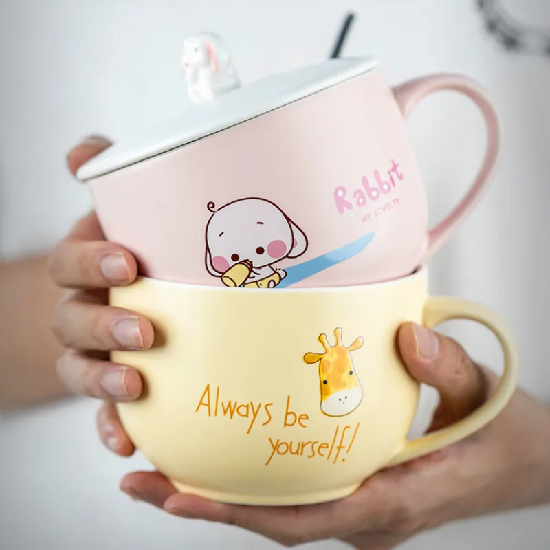 

Large Capacity Breakfast Ceramic Mug with Spoon Cover Yellow Cartoon Porcelain Panda Kids Cup Cute Student Giraffe Mugs