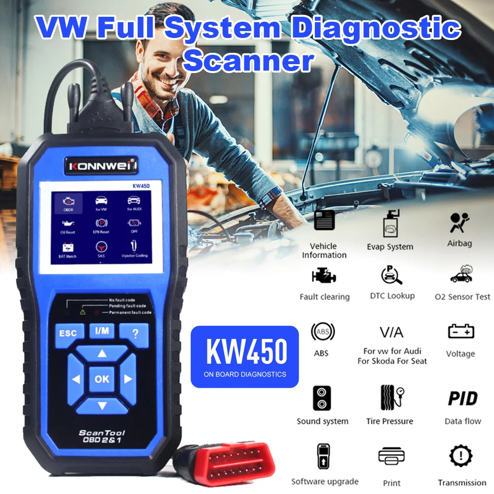 KONNWEI KW450 OBD2 Diagnostic Tool for VAG Cars VW Audi ABS Airbag Oil ABS EPB DPF SRS TPMS Reset Full Systems Scanner VAG COM
KONNWEI KW450 OBD2 Diagnostic Tool for VAG Cars VW Audi ABS Airbag Oil ABS EPB DPF SRS TPMS Reset Full Systems Scanner VAG COM