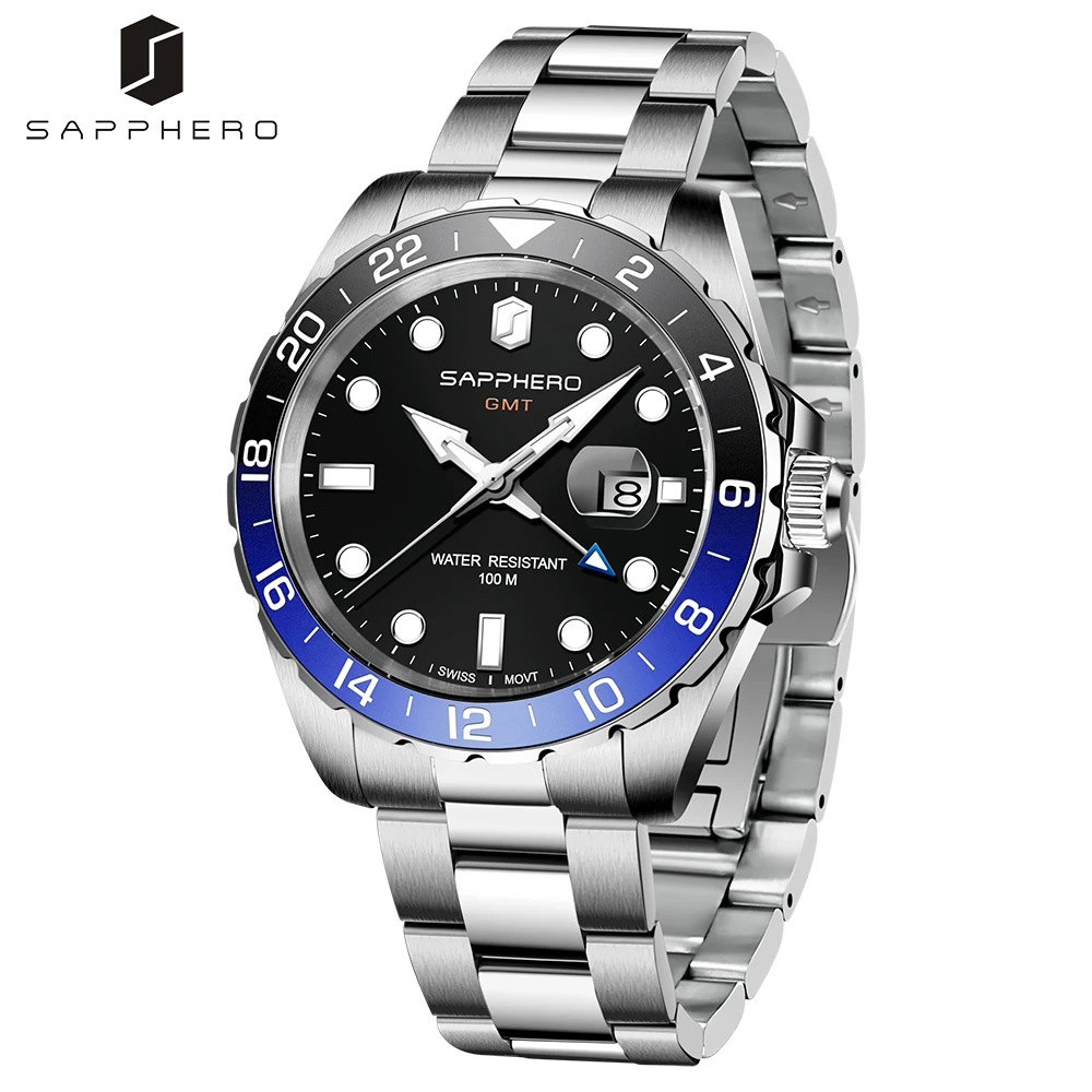 SAPPHERO Mens GMT Часы 100M водонепроницаемый нержавеющей стали швейцарский кварцевый