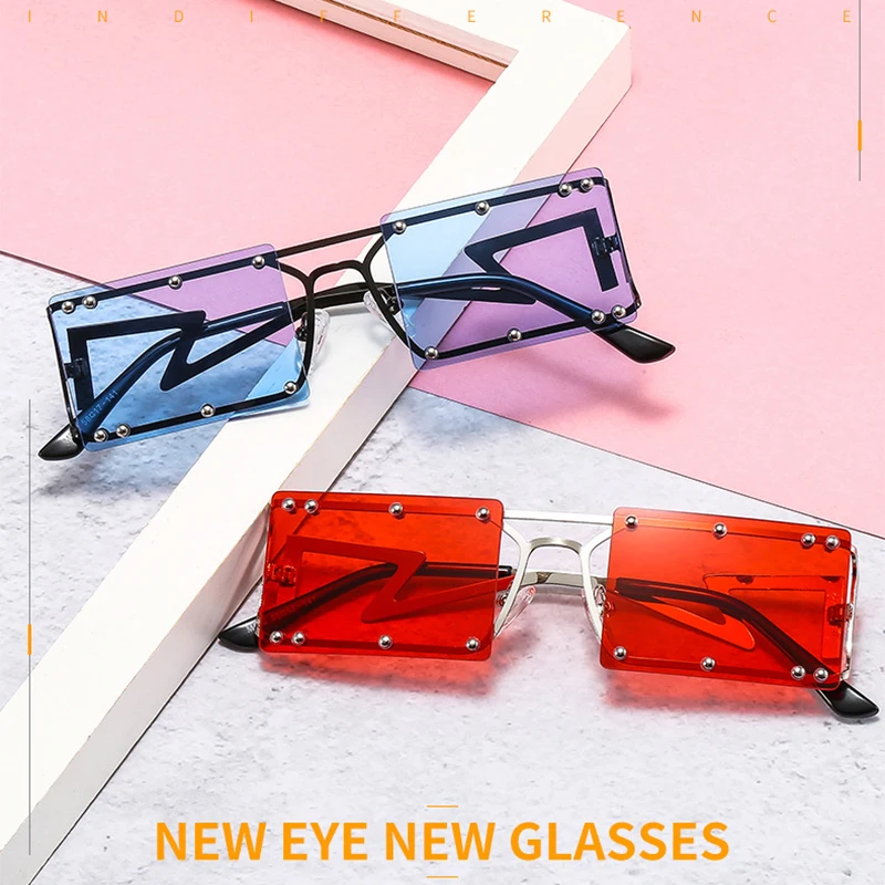 

Fashion Rectangle Sunglasses Women Vintage Rimless Clear Ocean Lens Eyewear Men Rivet Decoration Sun Glasses Shades UV400
