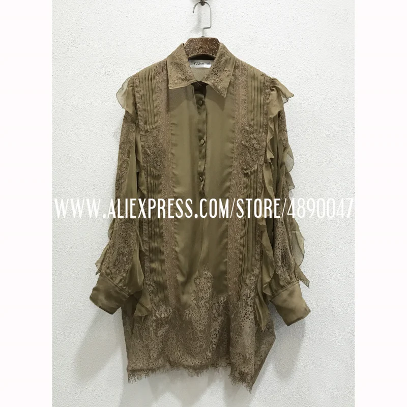 Lace stitching silk ruffled elegant shirt, high quality women's casual long-sleeved thin Mid-length shirt top
Lace stitching silk ruffled elegant shirt, high quality women's casual long-sleeved thin Mid-length shirt top