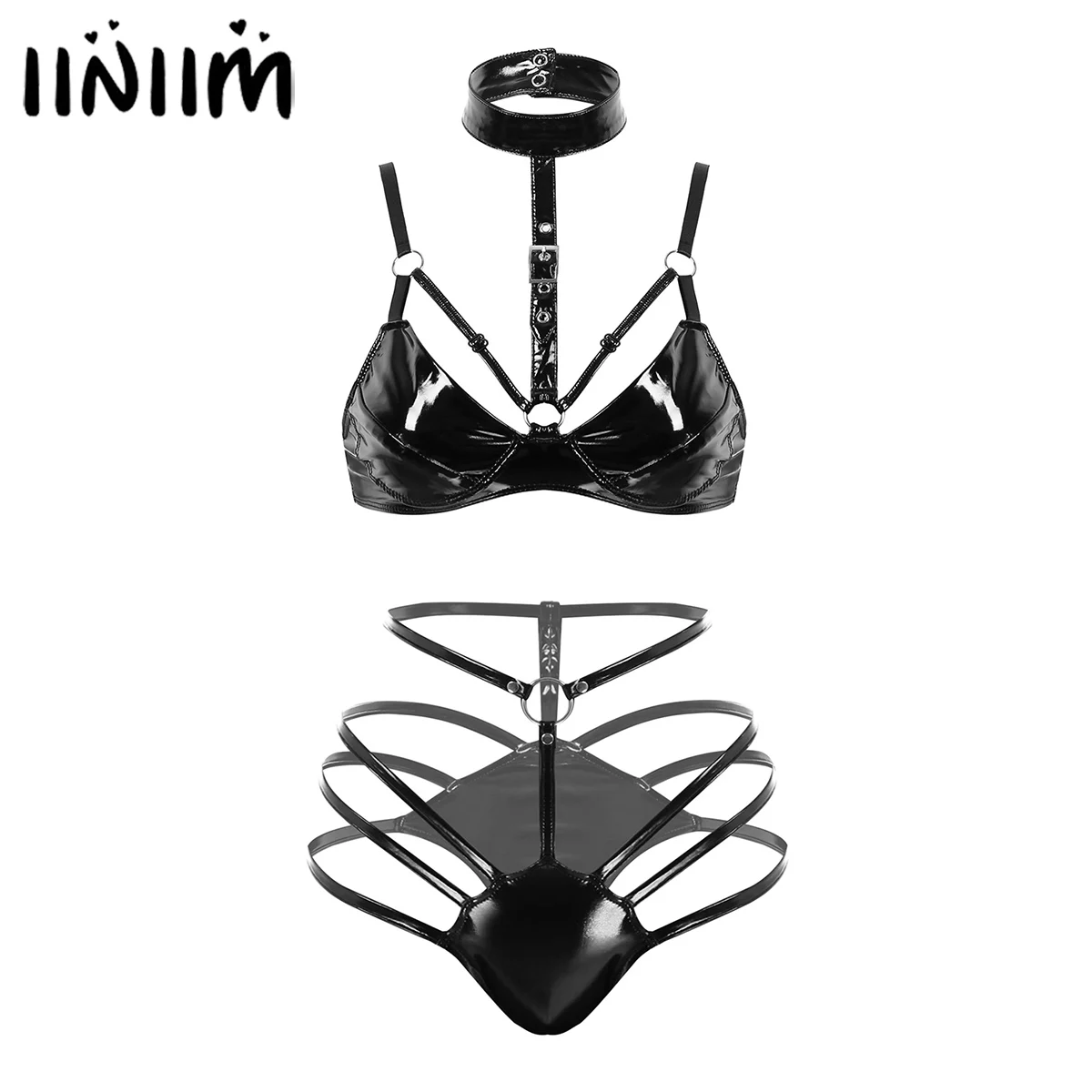 

iiniim Womens Fashion Wet Look Moto Clubwear Pole Leather Lingerie Sets Spaghetti Straps Buckled Wire-free Bra Tops with Briefs