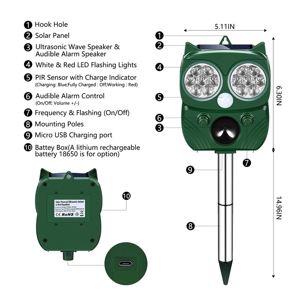 Outdoor Solar Power Ultrasonic Animal Repellent Deterrent Bird Cat Dog Repeller Frighten Animal Repellent For Outdoor Gardening
Outdoor Solar Power Ultrasonic Animal Repellent Deterrent Bird Cat Dog Repeller Frighten Animal Repellent For Outdoor Gardening