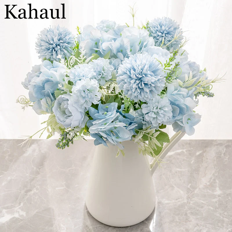 

Hydrangea Artificial Flowers Peony Bouquet Silk Ball Blooming Fake Flower Wedding Centerpieces Stage Home Table Decoration Blue