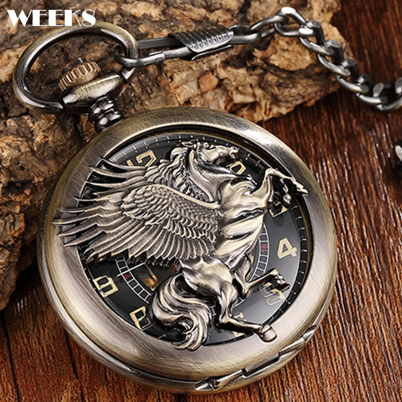 

Roman Numeral Mechanical Pocket Watch Antique Vintage Steampunk Skeleton Wings Horse Engrave Fob Chain Clock for Men With Box