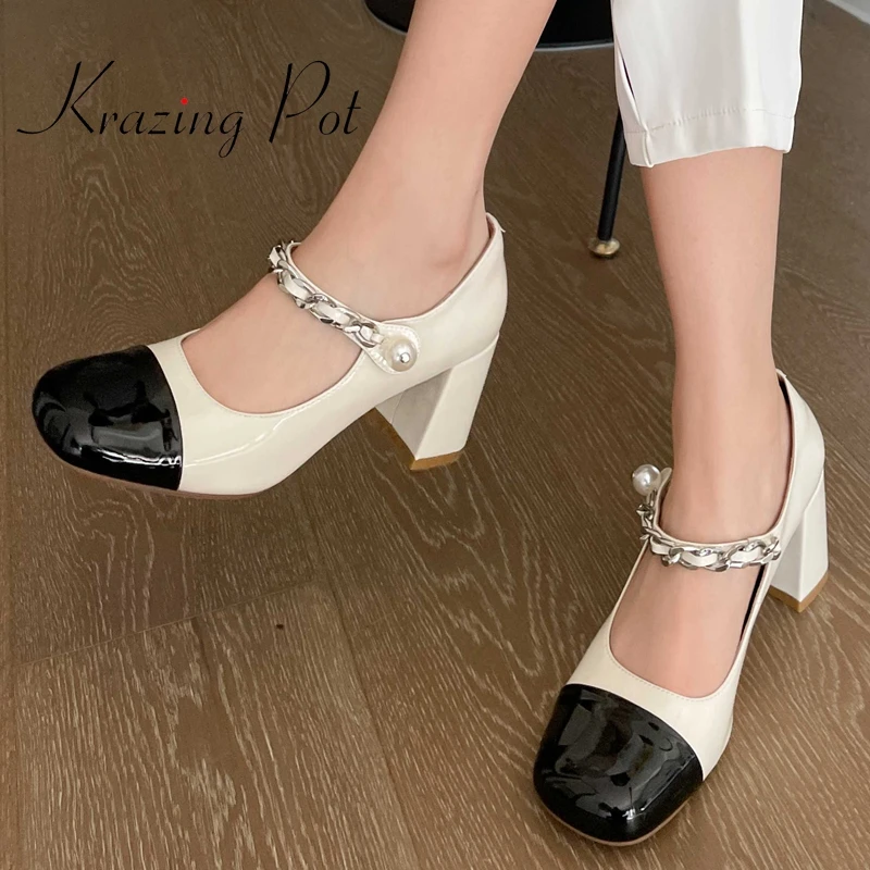 

krazing pot 2022 spring new style sheep patent leather round toe high heels Mary janes mixed colors pearl chain women pumps L36