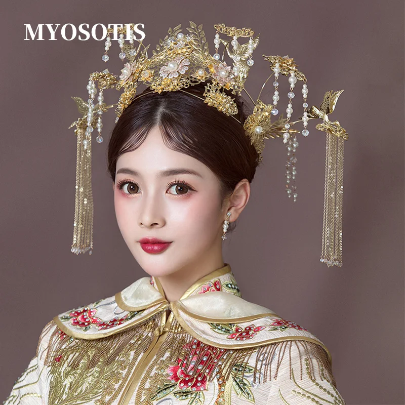 Vintage Chinese Gold Phoenix Headdress Crown Big Stage Show Wedding Hair Accessories Pearls Tassel Tiaras With Earring Jewelries
Vintage Chinese Gold Phoenix Headdress Crown Big Stage Show Wedding Hair Accessories Pearls Tassel Tiaras With Earring Jewelries