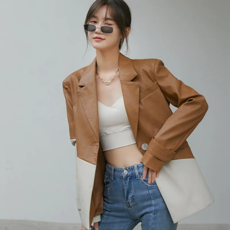 LANMREM Stitching Color Leather Suit Coat Spring Autumn Women Blazer Coat Long Sleeve Coat Ladies Suit Blazer 2A1421 
LANMREM Stitching Color Leather Suit Coat Spring Autumn Women Blazer Coat Long Sleeve Coat Ladies Suit Blazer 2A1421