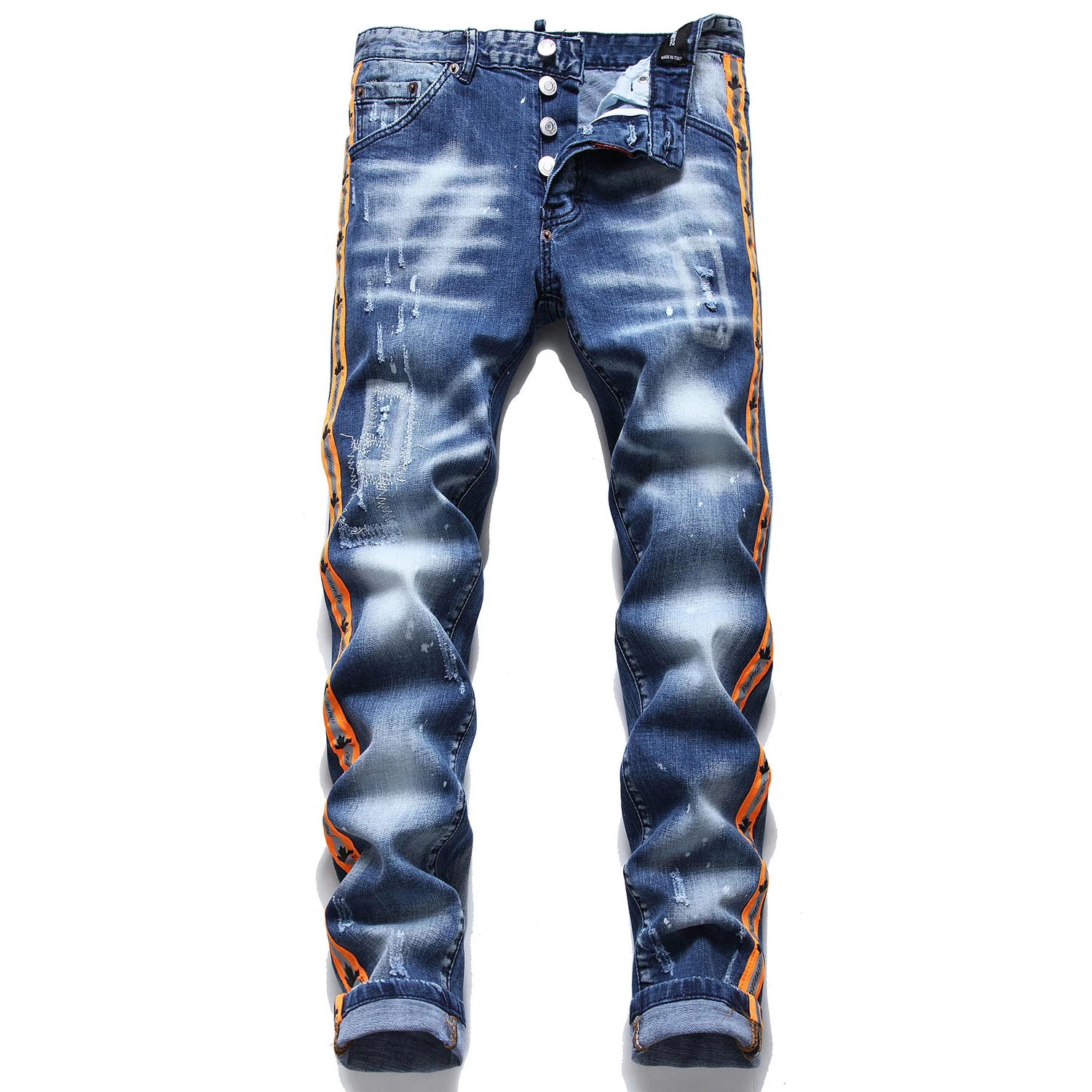 

Light Luxury Men’s Slim-fit Ripped Blue Jeans,High Quality Side Decorating Casual Jeans, Scratches Stylish Sexy Street Jeans;