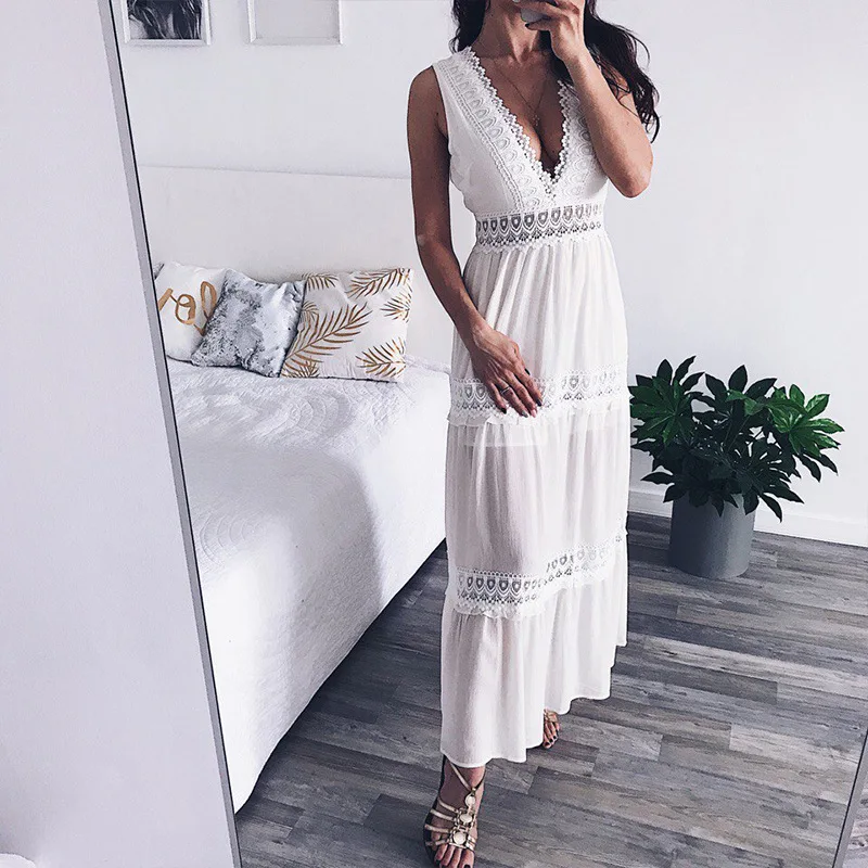 Sleeveless Vest Maxi Long Skirt Summer Lady Sexy V-neck Lace Hollow Chiffon Dresses Women Holiday Pleated Dress Bohemian Dress
Sleeveless Vest Maxi Long Skirt Summer Lady Sexy V-neck Lace Hollow Chiffon Dresses Women Holiday Pleated Dress Bohemian Dress