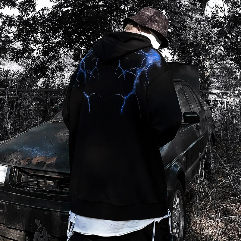 2020 Men Hip Hop Hoodie Sweatshirt Lightning Devil Print Harajuku Streetwear Hooded Pullover Cotton Autumn Loose Black | Мужская одежда