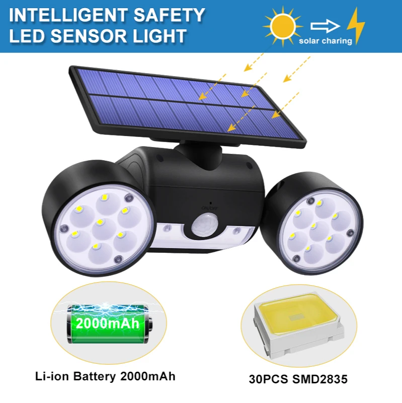 Solar Garden Lights Outdoor Solar Spotlights 30LED Solar Light Dual Head Solar Lamp PIR Motion Sensor Wall Light Waterproof
Solar Garden Lights Outdoor Solar Spotlights 30LED Solar Light Dual Head Solar Lamp PIR Motion Sensor Wall Light Waterproof