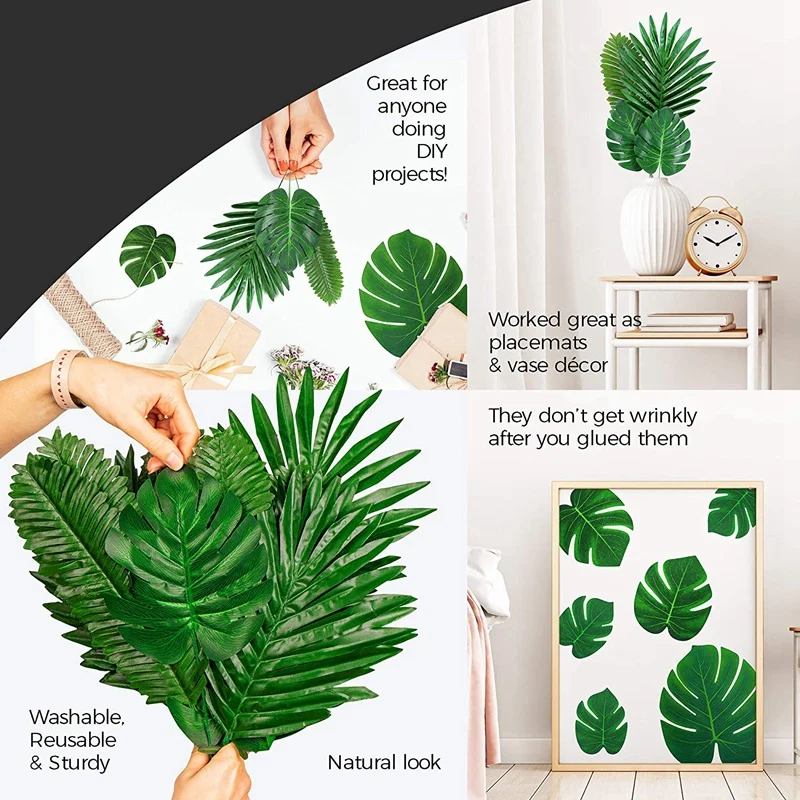 Palm Leaves Artificial Tropical Monstera - 84 Pcs Green Fake Palm Leaf Decorations with Stems for Hawaiian Luau Party 
Palm Leaves Artificial Tropical Monstera - 84 Pcs Green Fake Palm Leaf Decorations with Stems for Hawaiian Luau Party