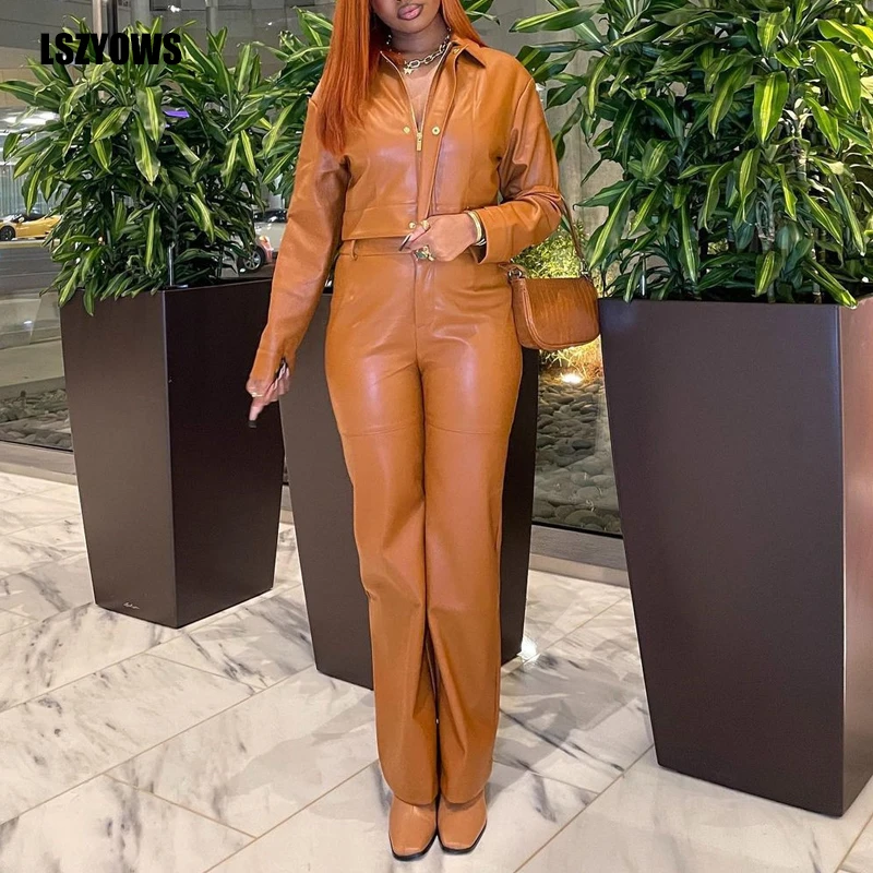 Brown PU Faux Leather Two Piece Set Women Winter Long Sleeve Zipper Jackets Short Tops and Pants Suits Casual Tracksuits Outfits
Brown PU Faux Leather Two Piece Set Women Winter Long Sleeve Zipper Jackets Short Tops and Pants Suits Casual Tracksuits Outfits