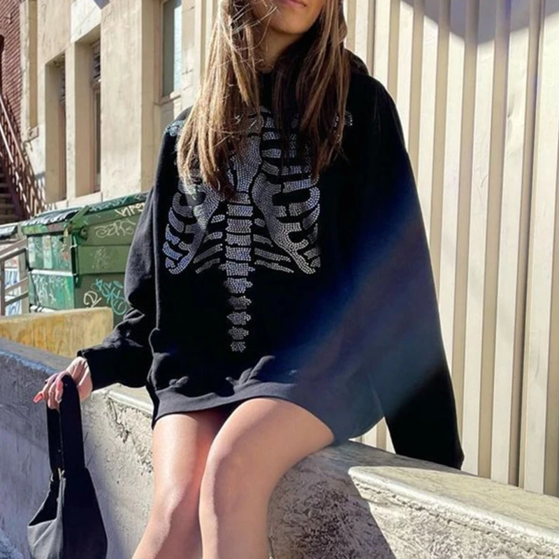 Women Gothic Black Long Sleeve Hoodies Rhinestone Skeleton Breastbone Pattern Drawstring Sweatshirt Harajuku Punk Loose Pullover
Women Gothic Black Long Sleeve Hoodies Rhinestone Skeleton Breastbone Pattern Drawstring Sweatshirt Harajuku Punk Loose Pullover