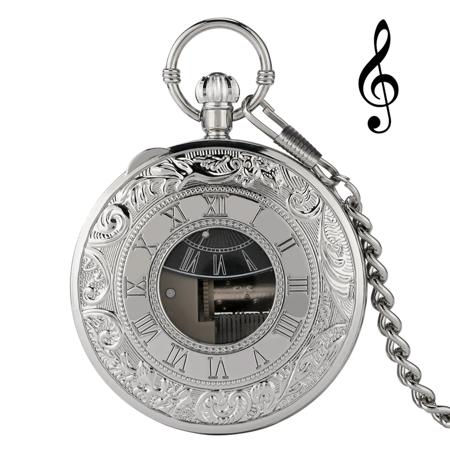 Роскошные Серебристые карманные часы с музыкальным механизмом кварцевые ручным