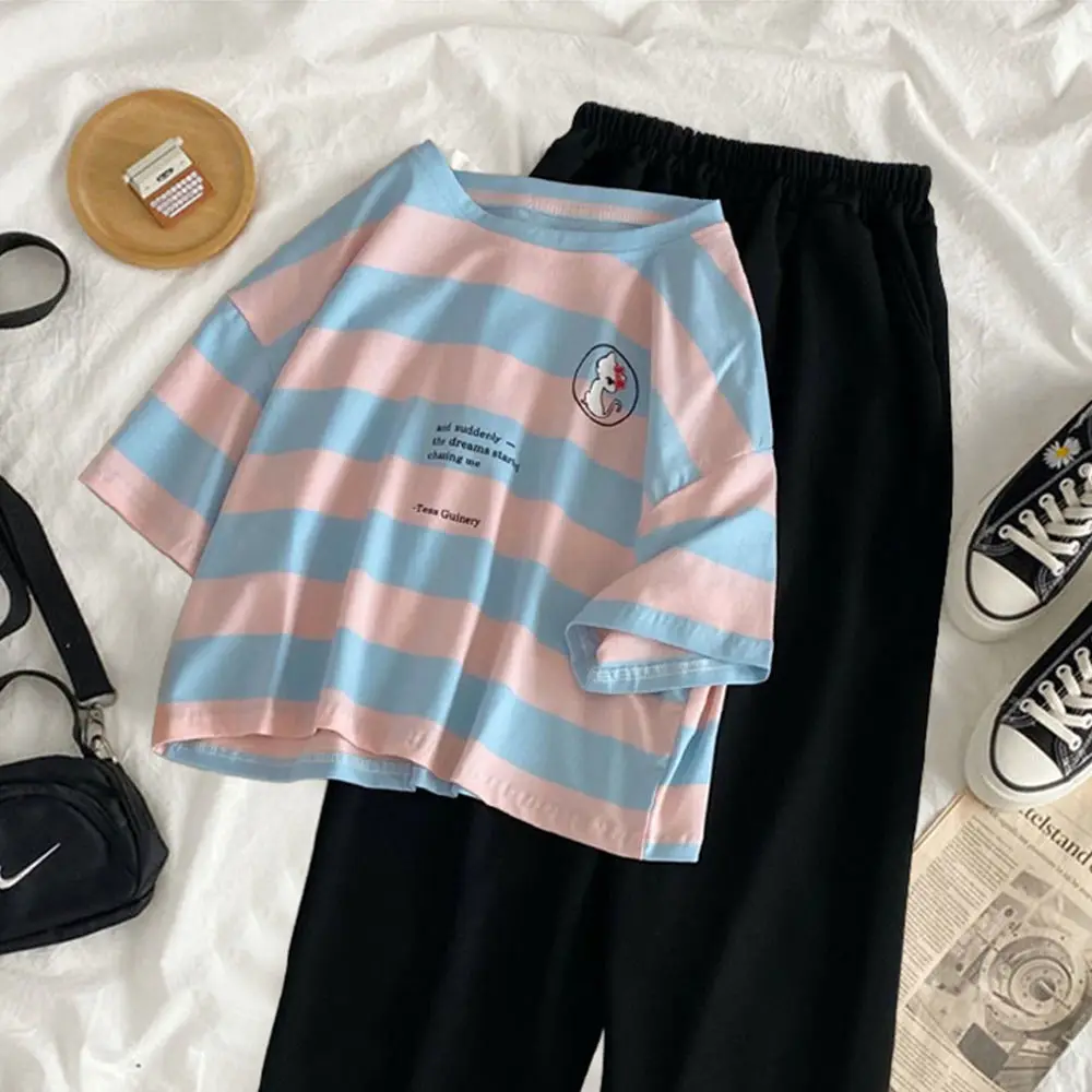 Single/Suit Summer Korean-Style Loose Striped Short-Sleeved T-shirt Women's Wide-Leg Pants Casual Fashion Two-Piece Set
Single/Suit Summer Korean-Style Loose Striped Short-Sleeved T-shirt Women's Wide-Leg Pants Casual Fashion Two-Piece Set