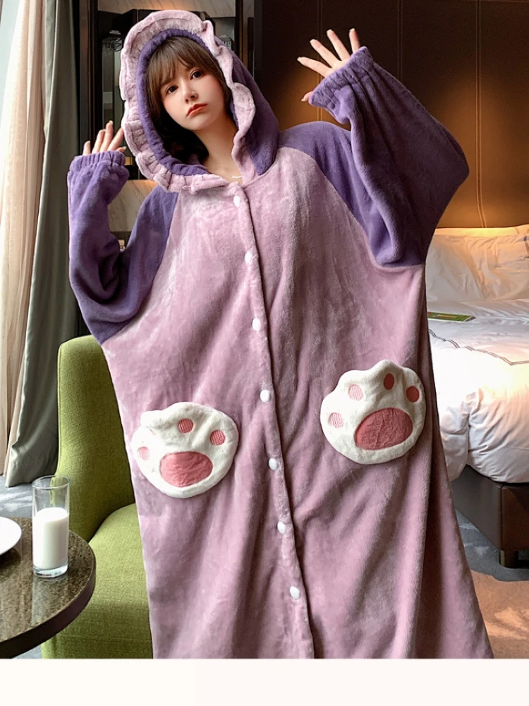 Nightgown women's hooded autumn and winter long coral velvet thickened plus velvet warmth cute cardigan pajamas flannel bathrobe
Nightgown women's hooded autumn and winter long coral velvet thickened plus velvet warmth cute cardigan pajamas flannel bathrobe