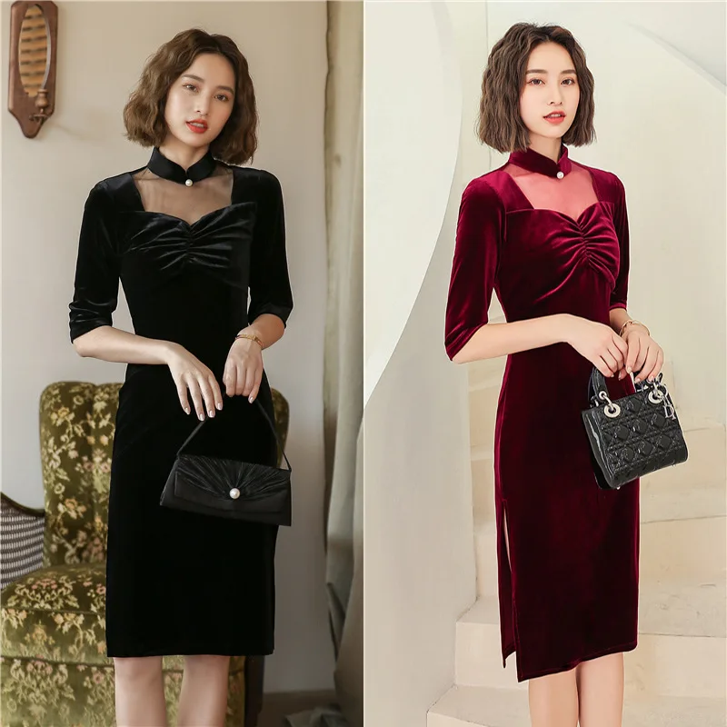 

New 2020 Autumn/winter Velvet Modified Cheongsam Dress Republic of China Style Women's Long Catwalk Cheongsam Dress B413