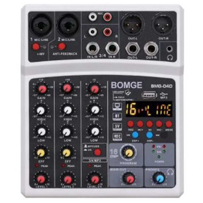 Bluetooth USB Small Mixer Mixer Sound Card 4 Channel Audio Mixer with 48V Phantom Power 16 Kinds of DSP Effects,US Plug
Bluetooth USB Small Mixer Mixer Sound Card 4 Channel Audio Mixer with 48V Phantom Power 16 Kinds of DSP Effects,US Plug