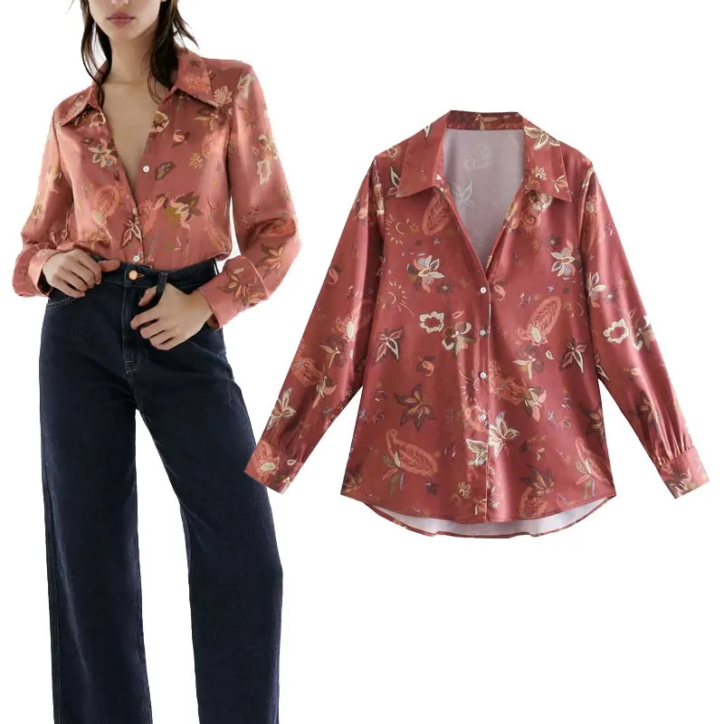 

Женская Асимметричная рубашка ZA, Свободный Топ с длинным рукавом, воротником с лацканами, винтажные блузки с цветами, повседневные пуговицы